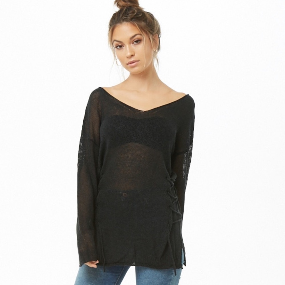 Forever 21 Sheer Lace Up boat neck sweater 🖤